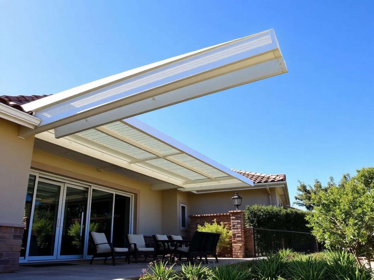 Daytime view of an aluminum patio cover installation on a Southern California home