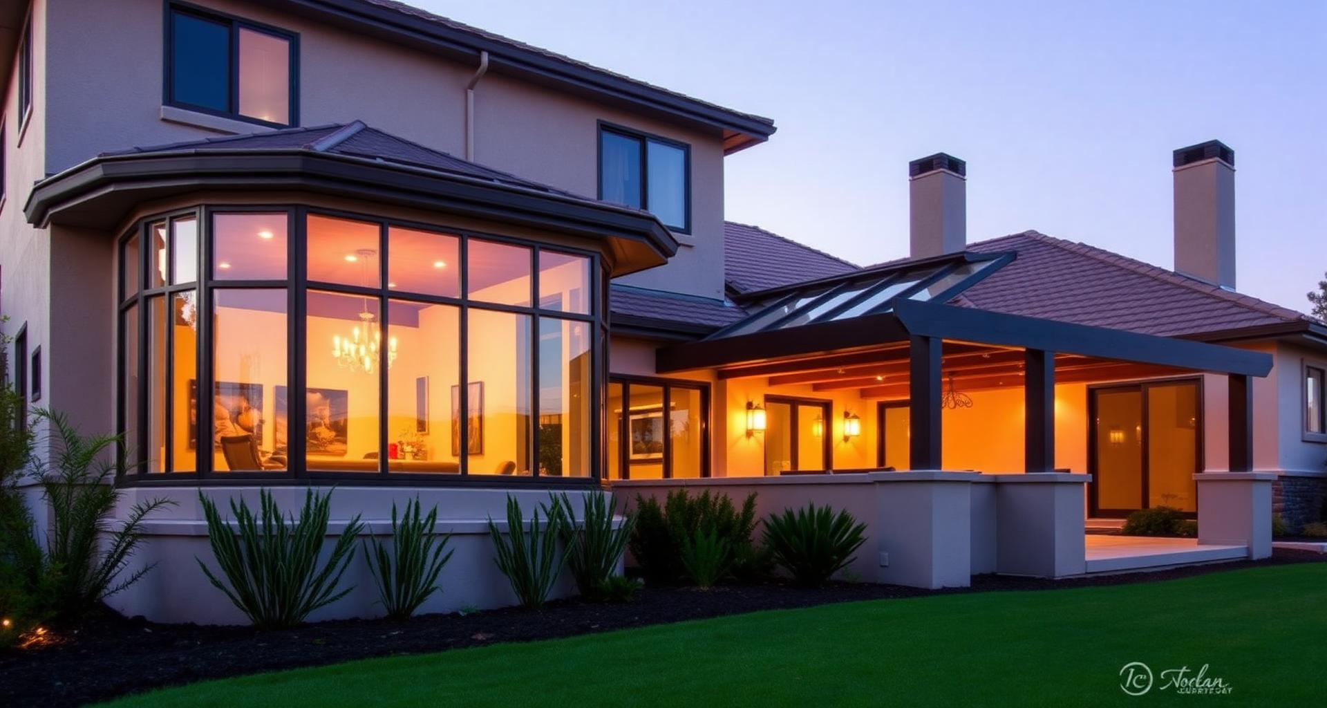 Beautiful sunroom and patio cover at golden hour