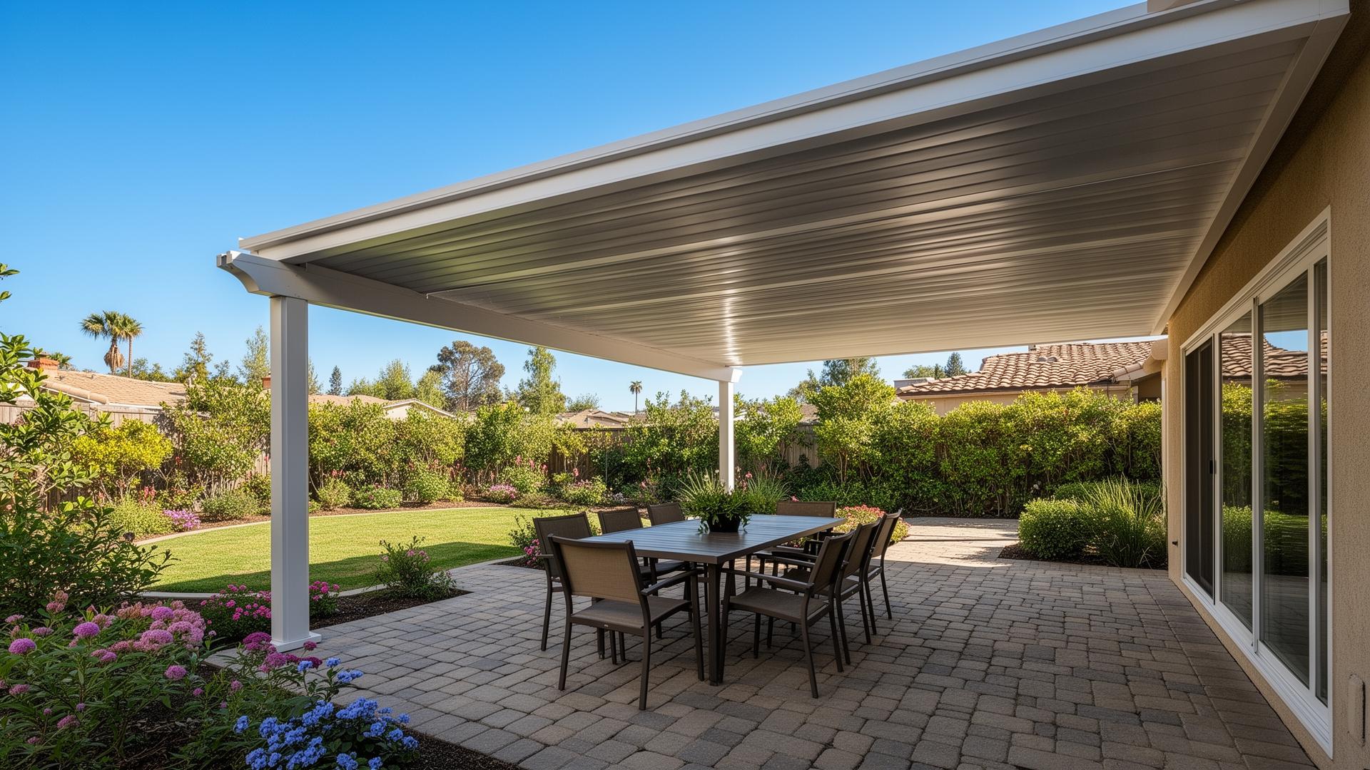 Modern aluminum patio cover over a Southern California backyard dining area