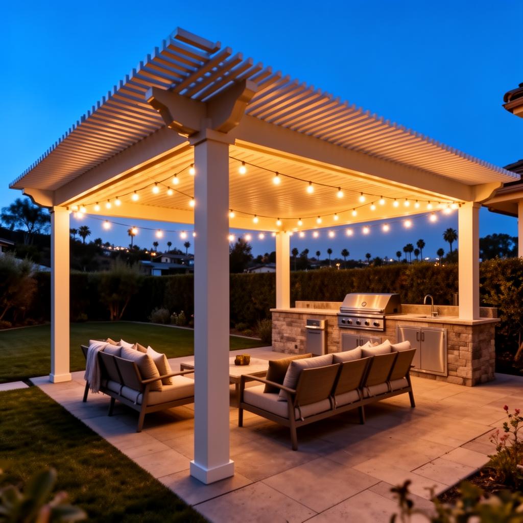 Custom pergola patio cover with outdoor kitchen at twilight in Riverside, CA